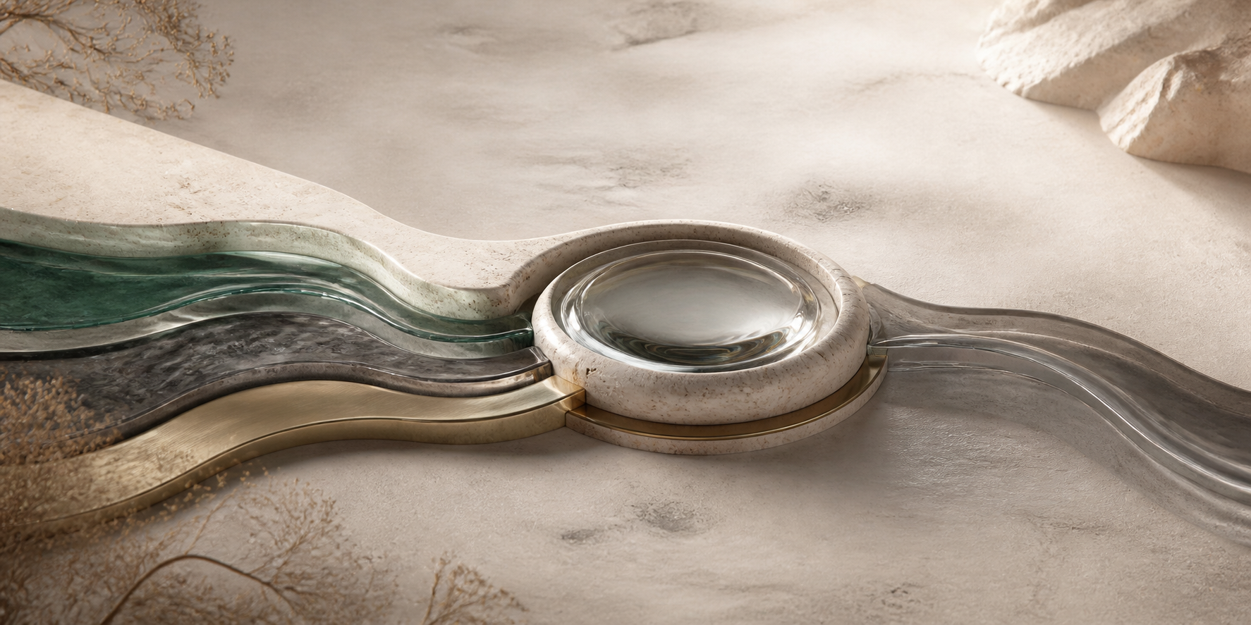 Four mineral channels converging into a clear tidal lens and leaving as one composed wave